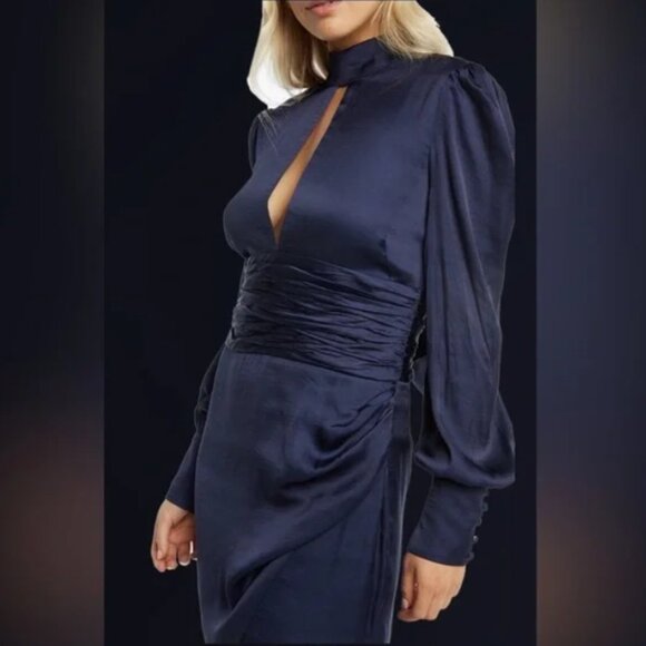 Bardot Dresses & Skirts - Bardot Navy Louise Tiered Dress 100% Polyester Long Sleeve Keyhole Back, Size 2